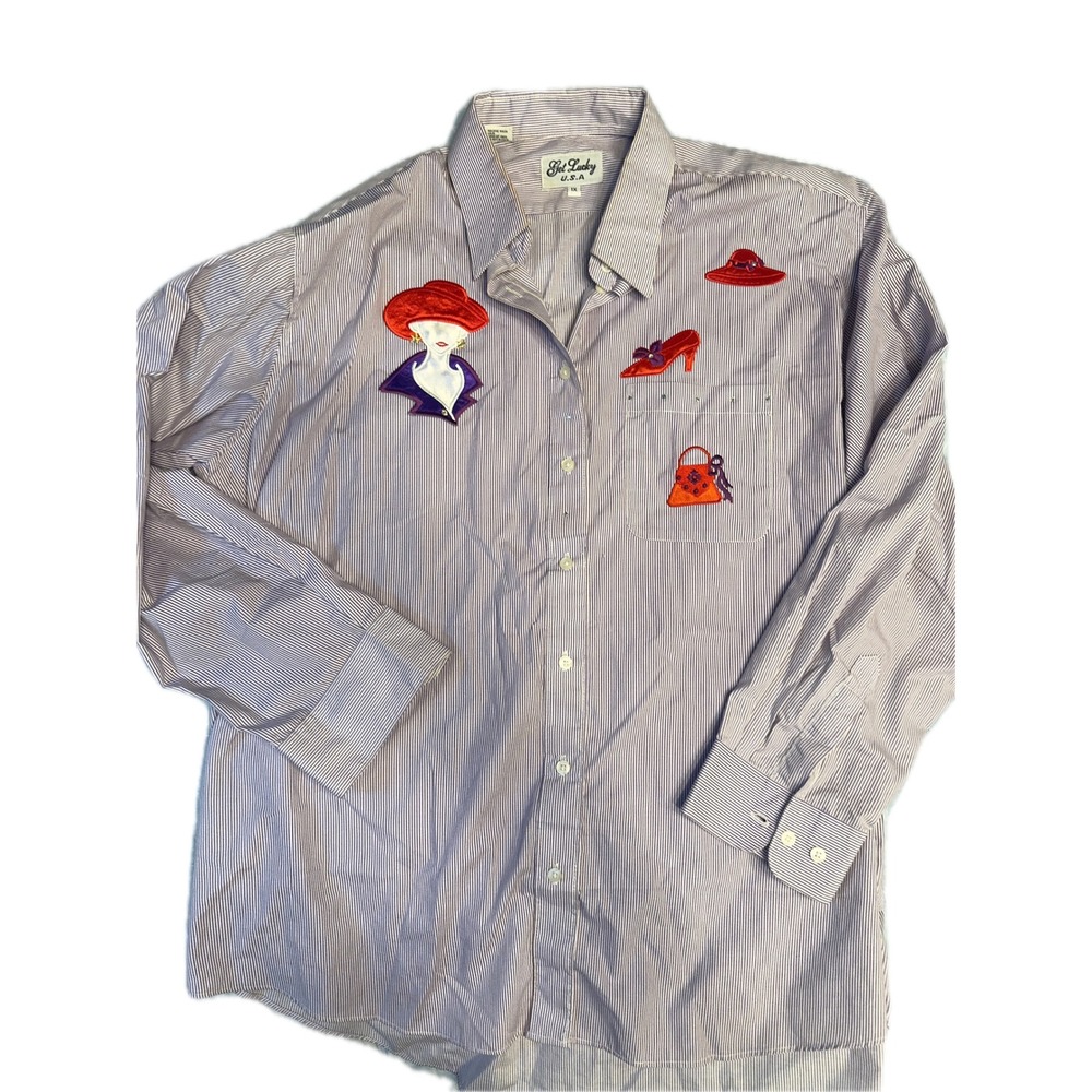 Get Lucky USA Purple White Striped‎ Novelty Button Down Shirt Red Hat Shoe 1X